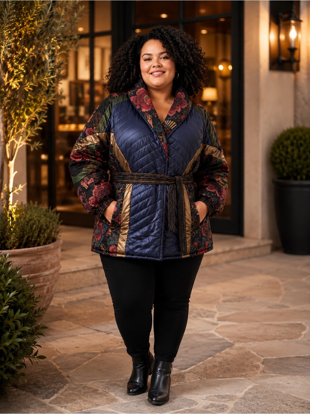 Quilted Floral Belted Puffer Jacket in Navy and Multicolor